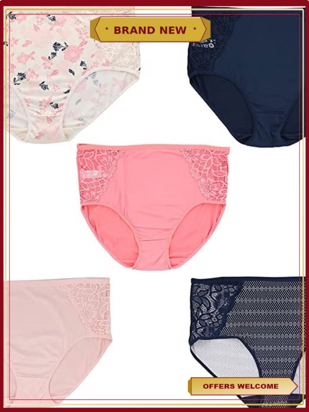 Plus Size High Rise Soft Brief Panties 5 Pack Lace Detail